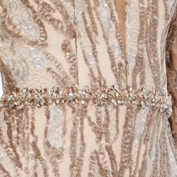 Mac Duggal Embellished Long Sleeve Plunge Neck Gown 79358 Gold Formal 16 - Picture 4 of 16